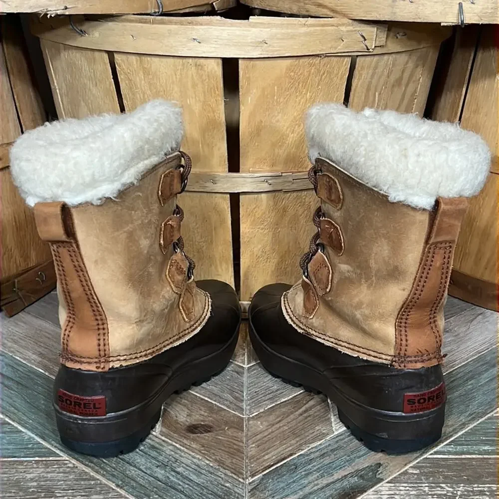Sorel Alpine Tan Leather Faux Fur Waterproof Vintage Snow Boots Womens Size 6